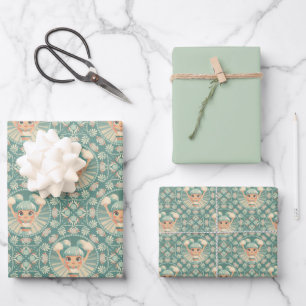 Retro Sage Sand Cheerleader Mandala Diamond Tile Wrapping Paper Sheets