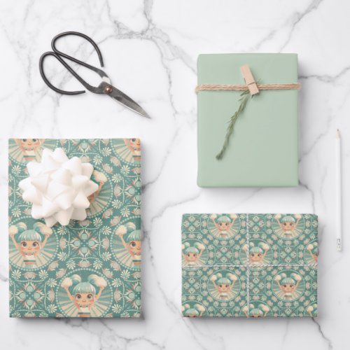 Retro Sage Sand Cheerleader Mandala Diamond Tile Wrapping Paper Sheets