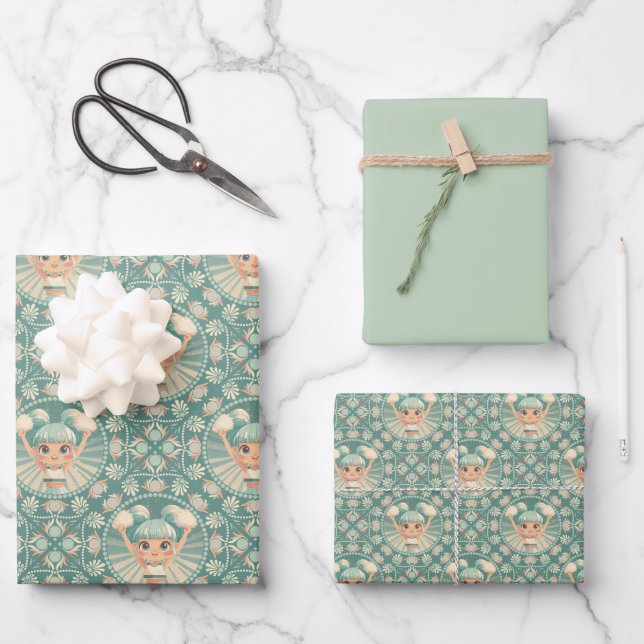 Retro Sage Sand Cheerleader Mandala Diamond Tile Wrapping Paper Sheets (Front)