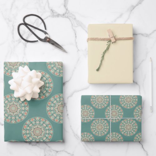 Retro Sage &amp; Sand Ornate Floral Polka Dot Mandala Wrapping Paper Sheets