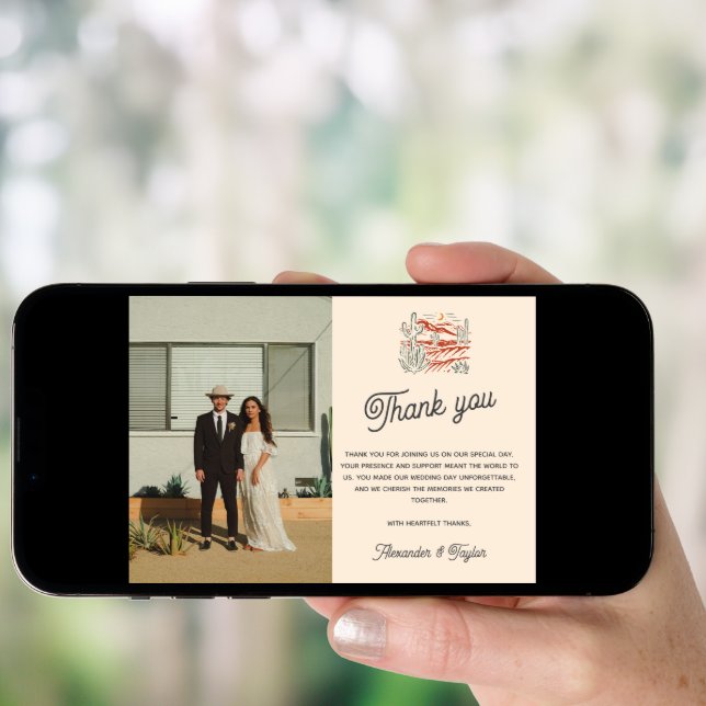 Retro Saguaro Cactus Desert Wedding Thank You Card (Front Digital)