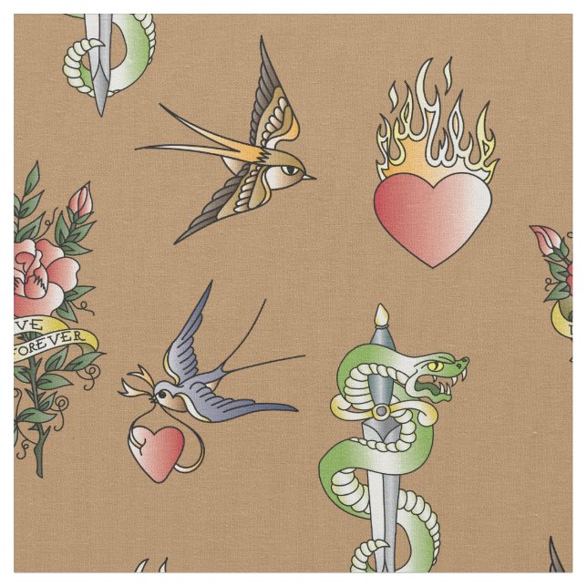 Retro Sailor Tattoo Print Vintage Fabric (Close Up)