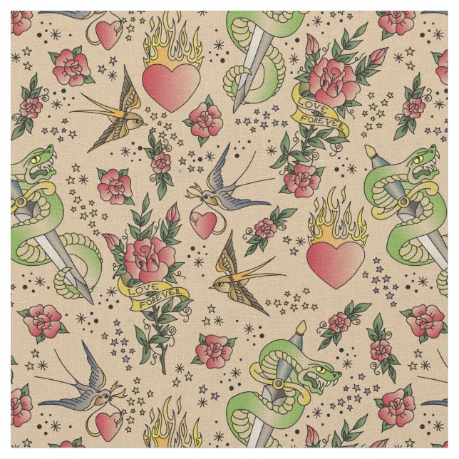 Retro Sailor Tattoo Print Vintage Fabric (Close Up)