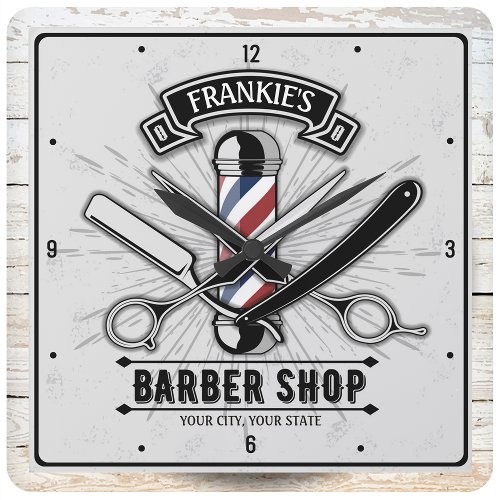 Retro Salon Barber Shop Barbershop Personalized Square Wall Clock