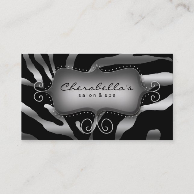 Retro Salon Spa Business Card Zebra Silver Gray (Front)