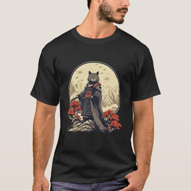 Retro Samurai Cat  Japanese Inspired Cat T-Shirt (Front)
