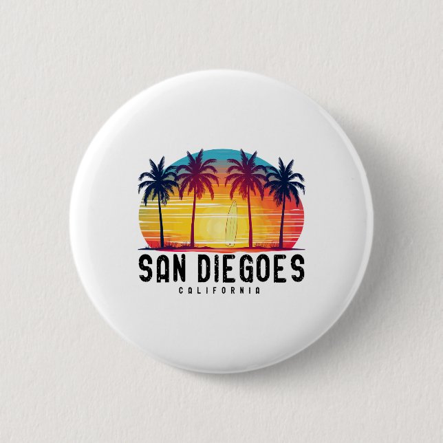 Retro San Diego Beaches California Surfing Surfboa Button (Front)