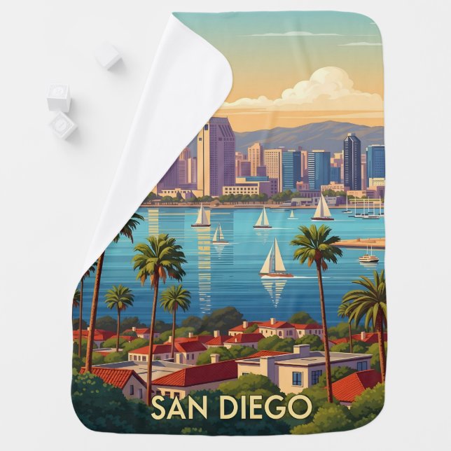 Retro San Diego California Coastal Skyline  Baby Blanket (In Situ)