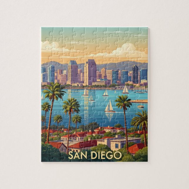 Retro San Diego California Coastal Skyline  Jigsaw Puzzle (Vertical)