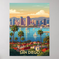 Retro San Diego California Coastal Skyline 