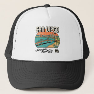 Retro San Diego Skyline Illustration–Vintage Art Trucker Hat