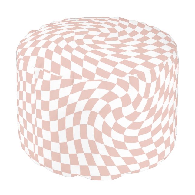 Retro Sand Pink Groovy Warped Check Checkered  Pouf (Angled Back)