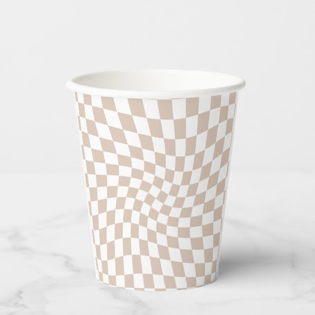 Retro Sand Rose Pink Pastel Warped Checkerboard   Paper Cups (Front)