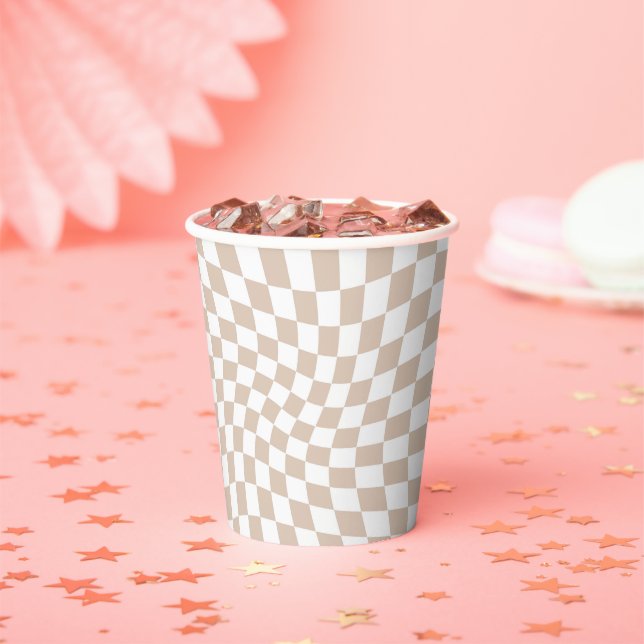 Retro Sand Rose Pink Pastel Warped Checkered Paper Cups (Insitu)