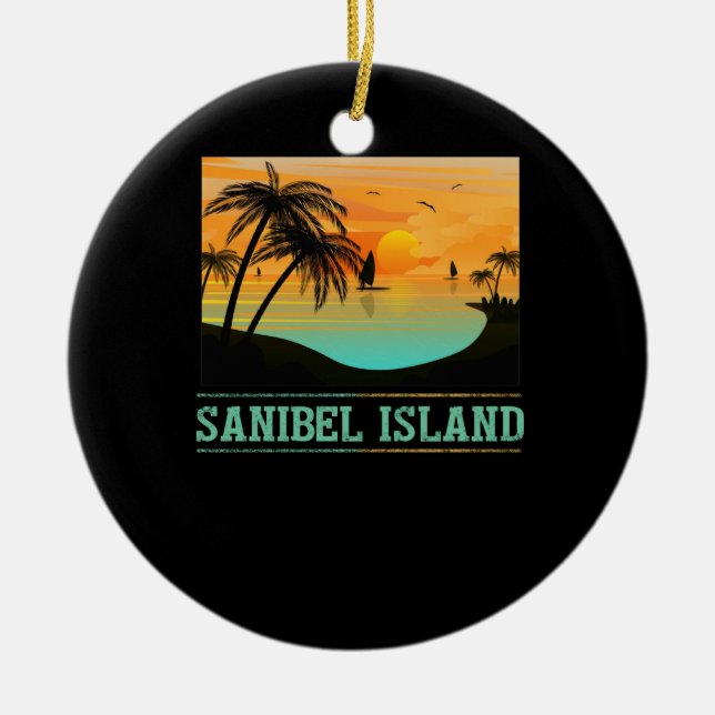 Retro Sanibel Island Florida Tropical Sunset Beach Ceramic Ornament (Front)