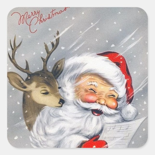Retro Santa and Reindeer Singing Christmas Song Square Sticker (Front)