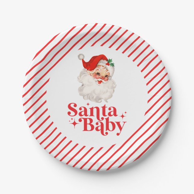 Retro Santa Baby christmas baby shower Paper Plates (Front)