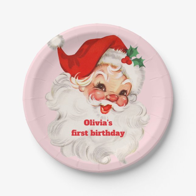 Retro Santa birthday Paper Plates (Front)