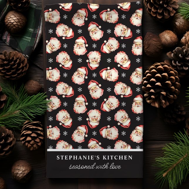 Retro Santa Black Personalized Name Christmas Kitchen Towel (Creator Uploaded)