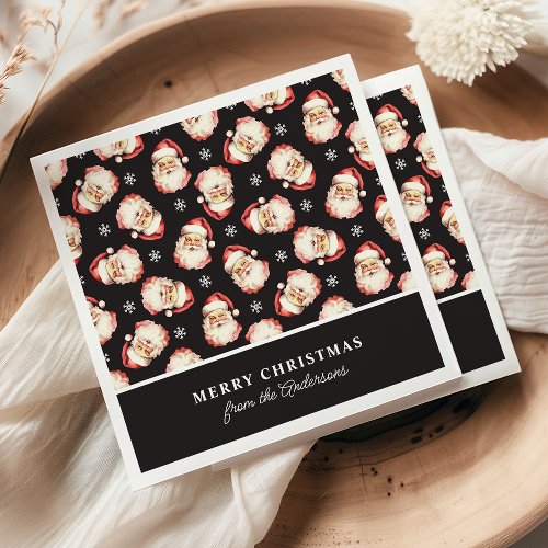 Retro Santa Black Personalized Name Christmas Napkins