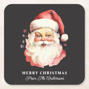Retro Santa Black Personalized Name Christmas Square Paper Coaster