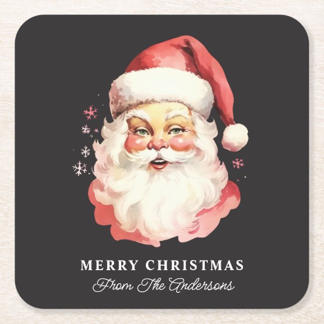 Retro Santa Black Personalized Name Christmas Square Paper Coaster (Front)