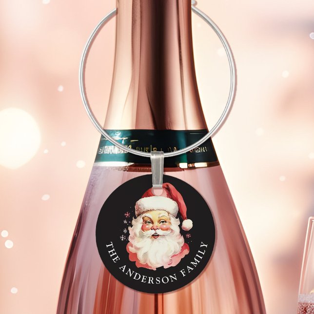 Retro Santa Black Personalized Name Christmas Wine Charm (Creator Uploaded)