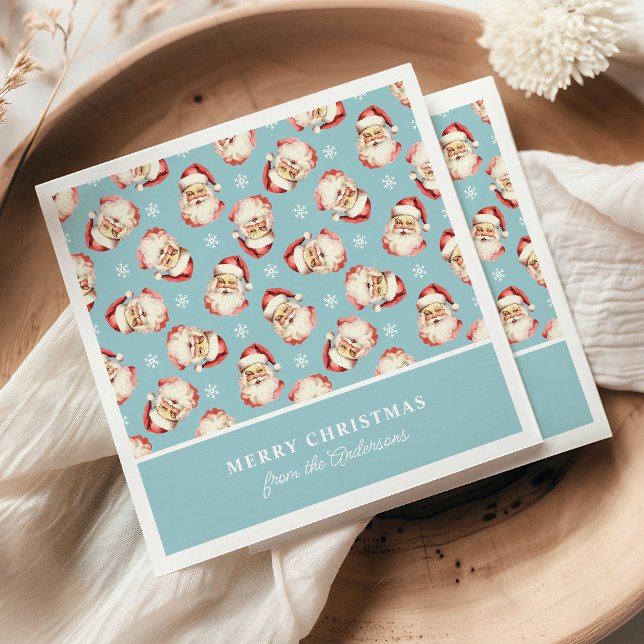 Retro Santa Blue Personalized Name Christmas Napkins (Creator Uploaded)
