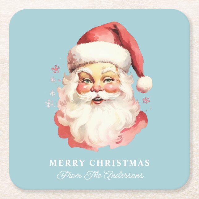 Retro Santa Blue Personalized Name Christmas Square Paper Coaster (Front)