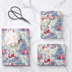 Retro Santa Blue & Red Christmas Tree Toile Wrap Wrapping Paper Sheets