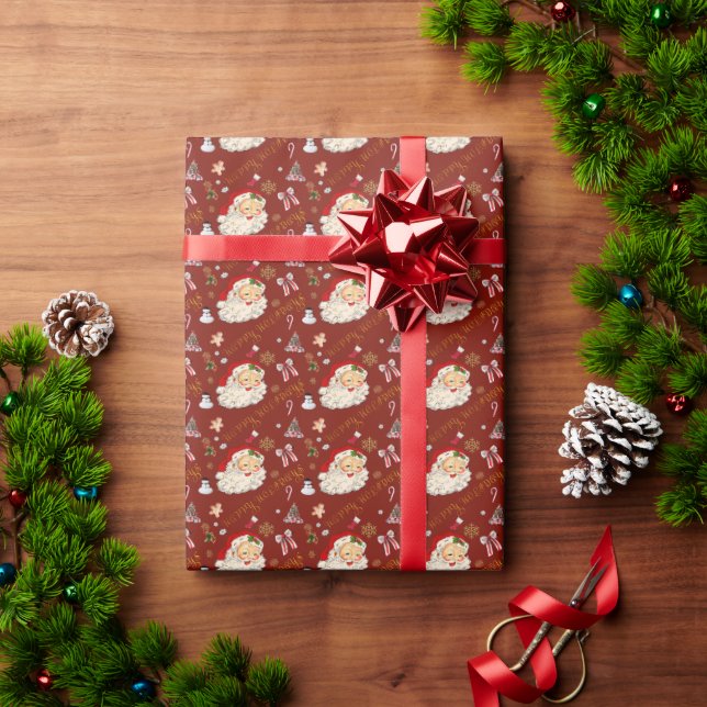 Retro Santa Burgundy Red Festive Charm Wrapping Paper (Holiday Gift)
