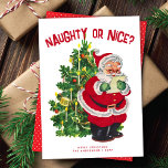 Retro Santa Christmas Naughty Nice Non-Photo Card<br><div class="desc">This sweet non-photo holiday card features a vintage illustration of Santa checking his list in front of a decorated Christmas tree. The greeting on the front of the card says "Naughty or Nice?" but is editable and can be changed to anything you like. There is also space for your names...</div>