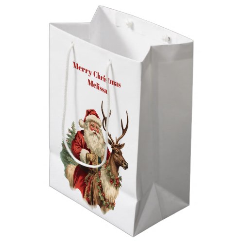 Retro Santa Claus and Reindeer Christmas Medium Gift Bag