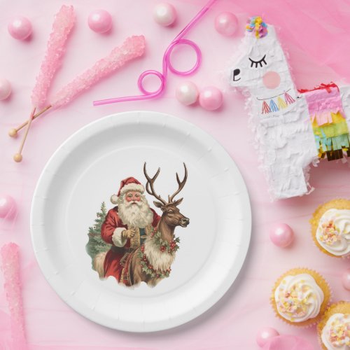 Retro Santa Claus and Reindeer Christmas Paper Plates