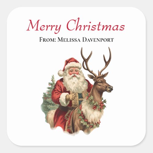 Retro Santa Claus and Reindeer Christmas Square Sticker