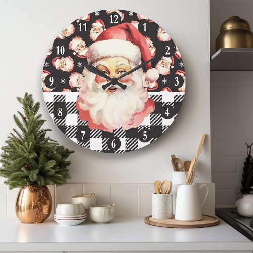 Retro Santa Claus Black And White Plaid Christmas Large Clock