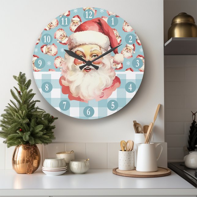 Retro Santa Claus Blue And White Plaid Christmas Large Clock (Creator Uploaded)