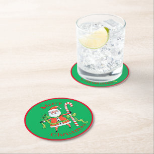 Retro Santa Claus Candy Cane Christmas Round Paper Coaster