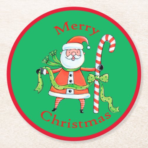 Retro Santa Claus Candy Cane Christmas Round Paper Coaster