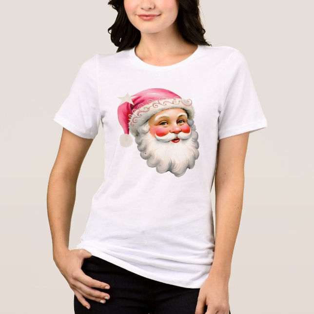 Retro Santa Claus Christmas Girly Pink Santa Tri-Blend Shirt (Front)