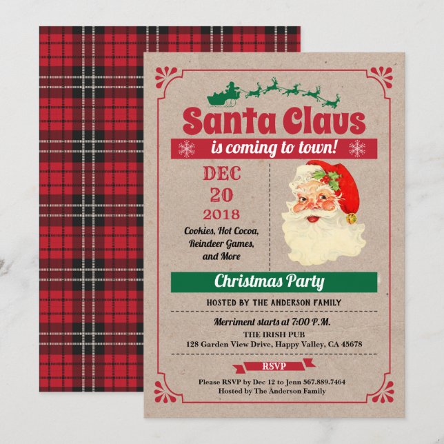 Retro Santa Claus Christmas party vintage rustic Invitation (Front/Back)