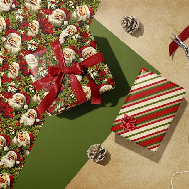 Retro Santa Claus Faces and Holly  Wrapping Paper Sheets (Creator Uploaded)