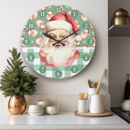 Retro Santa Claus Green And White Plaid Christmas Large Clock