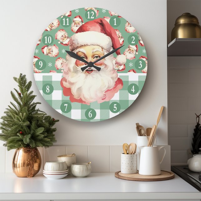 Retro Santa Claus Green And White Plaid Christmas Large Clock (Creator Uploaded)