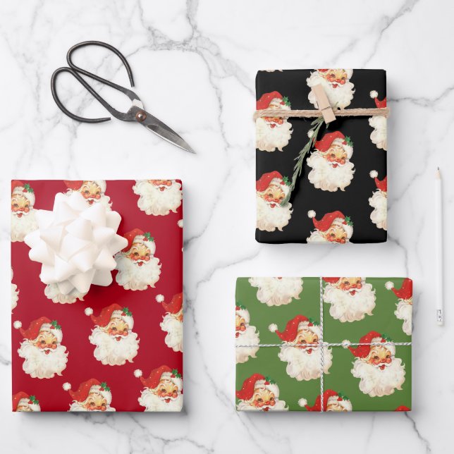 Retro Santa Claus Head Wrapping Paper Sheets (Front)