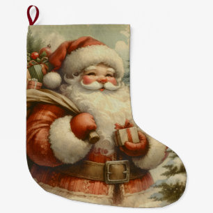 Retro Santa Claus Illustration Large Christmas Stocking