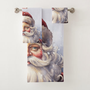 Retro Santa Claus in a Red Hat Christmas Bath Towel Set