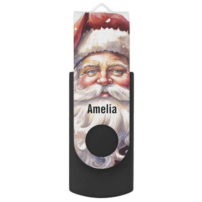 Retro Santa Claus in a Red Hat Christmas Flash Drive (Front Vertical)