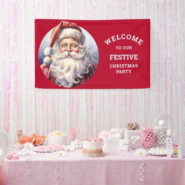 Retro Santa Claus in a Red Hat Christmas Party Banner (Party)