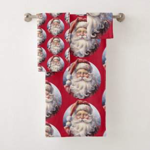 Retro Santa Claus in a Red Hat Christmas Pattern Bath Towel Set